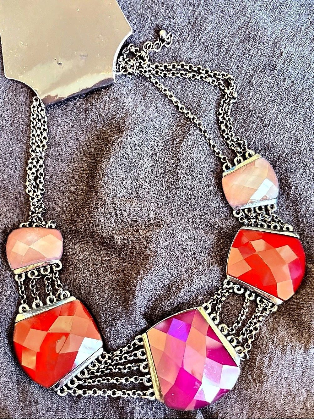 Geometric Statement Necklace in Red & Pink Like New